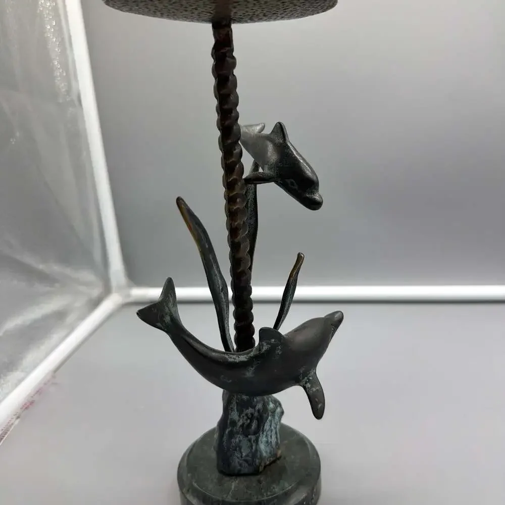 Vintage SPI Gallery Bronze Dolphin‎ Candle Holder on Marble Base